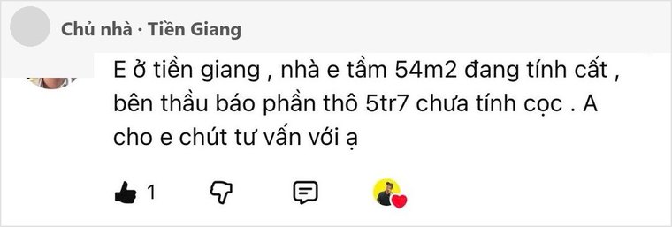 Chủ nhà ở Tiền Giang nhờ tư vấn giá phần thô nhà 54m2