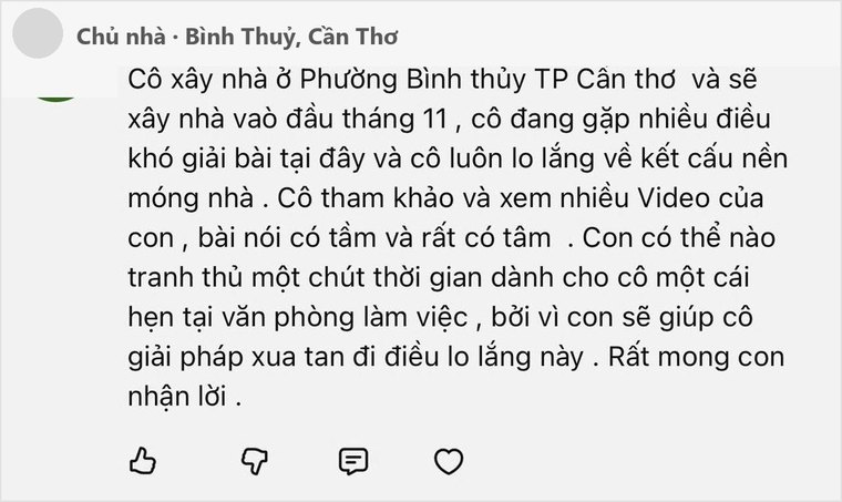 Chủ nhà ở Bình Thuỷ, Cần Thơ xin một cái hẹn tại văn phòng