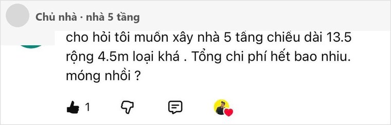 Chủ nhà hỏi chi phí xây nhà 5 tầng 13,5 x 4,5m móng nhồi