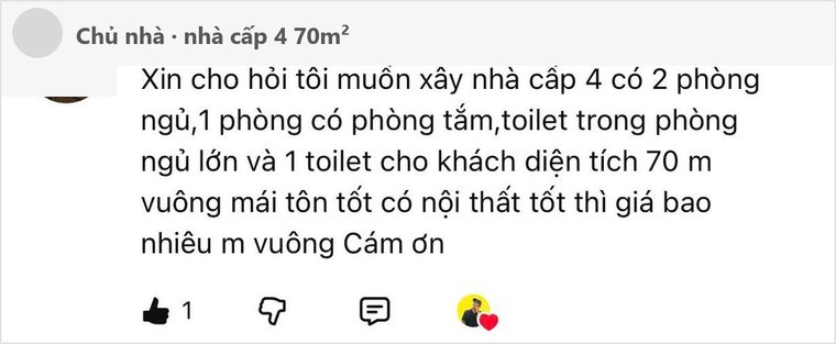 Chủ nhà hỏi giá xây nhà cấp 4 diện tích 70m2